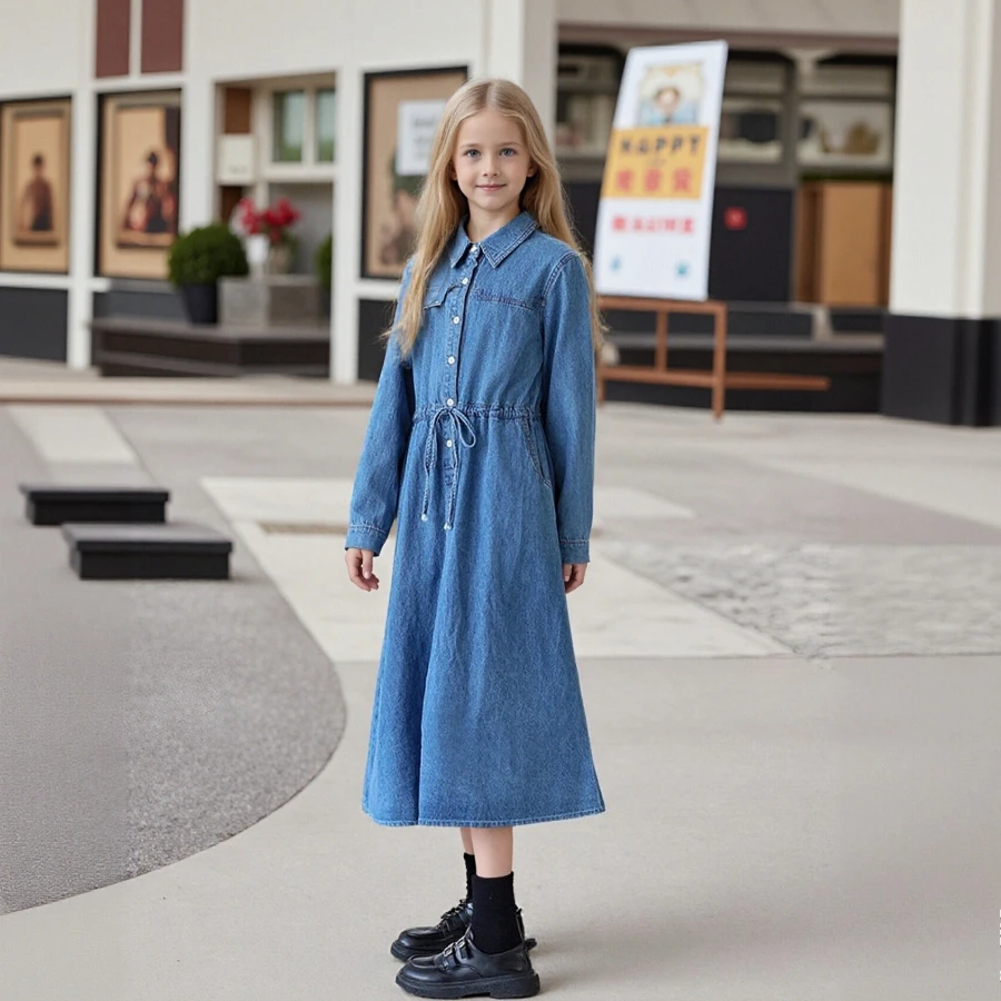 

2026 Girls Denim Dress Long Sleeve Spring Autumn Children's Blue Jean Dress Waist Tie Teenage Casual Stylish Outfit 10 12 Years