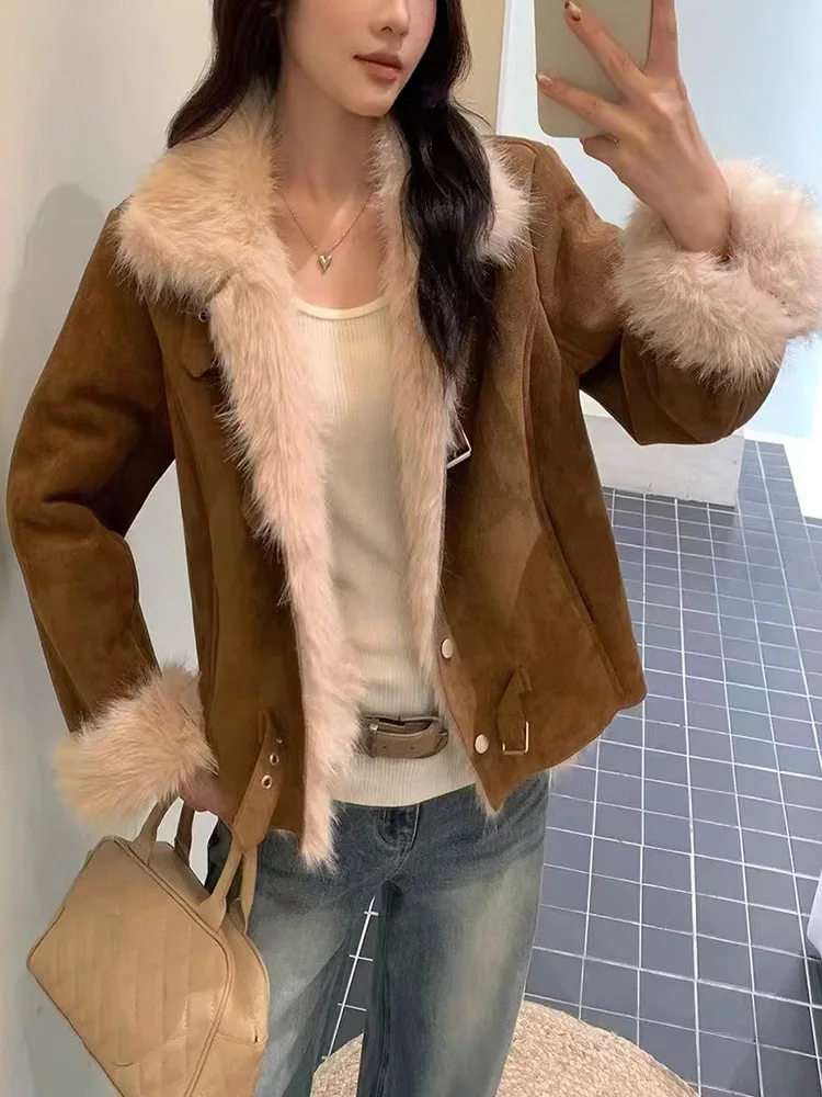 

women's Deer Skin Velvet Faux Suede plush coat 2025 autumn winter retro brown Versatile stand neck coats with bag MXE91W1024