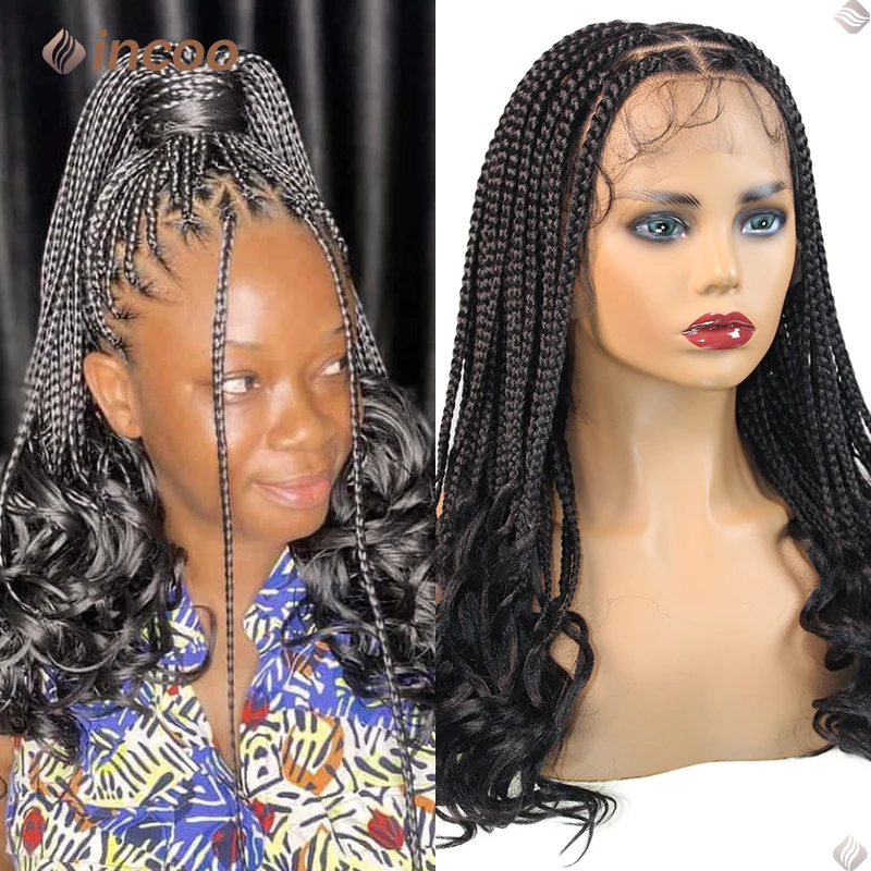 Wig kepang sintetis untuk wanita, Wig kepang keriting Perancis 18 "untuk wanita warna hitam, Wig kotak kepang, Wig renda penuh, kepang, Afrika