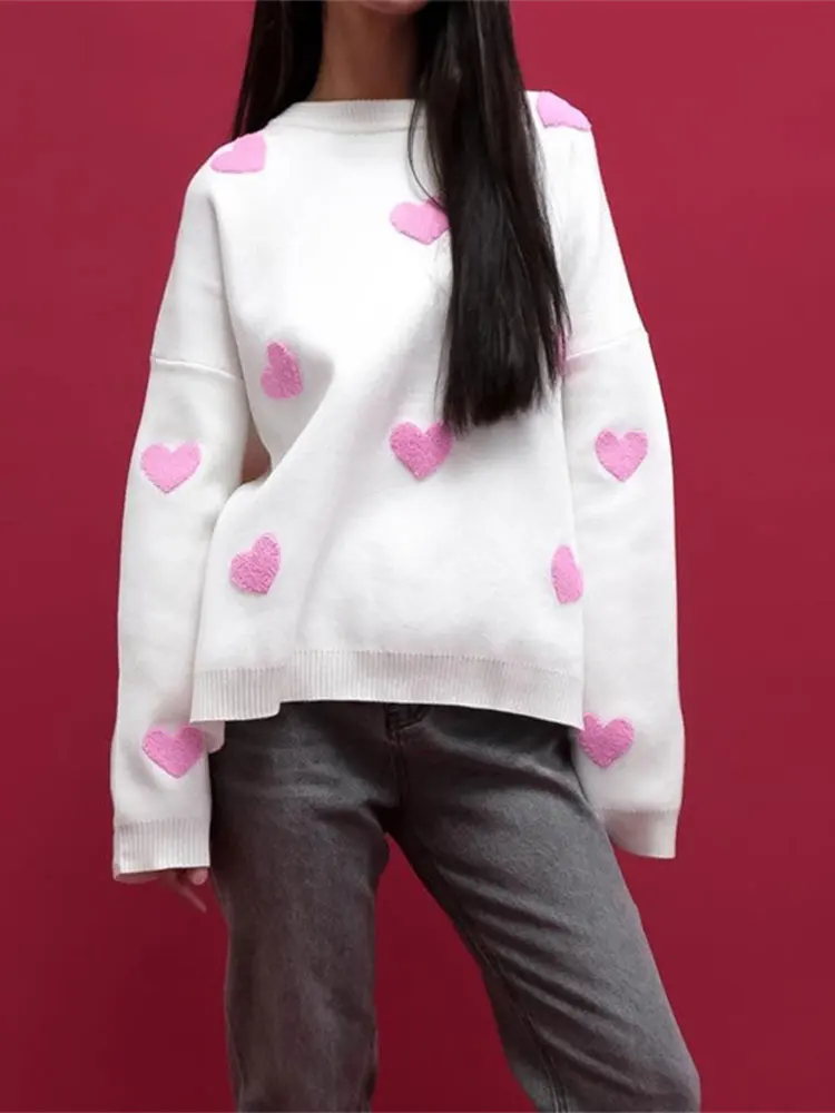 Women Fashion Versized Love Heart Printed Knitted Pullover Elegant Long Sleeve Round Neck Sweater 2024 Autumn Lady Street Jumper