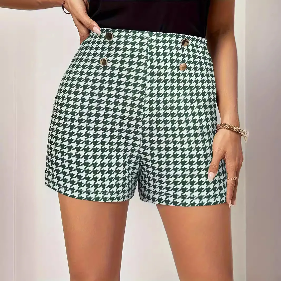 Elegant and Classic Houndstooth Elastic Waistband Button Decoration Shorts Versatile Commuting Five Quarter Pants Casual Pants