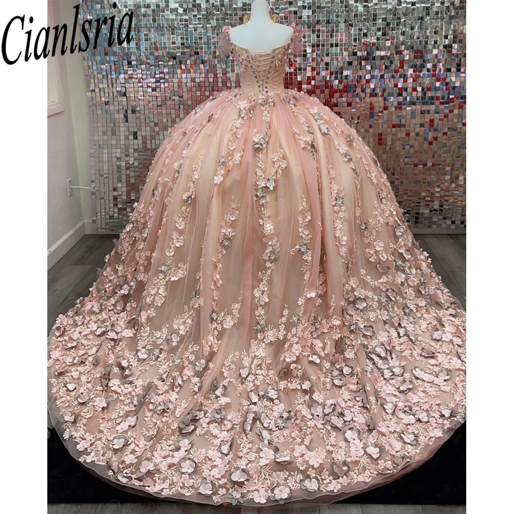 Quince anera Kleider Ballkleid 3d Blumen applikationen Spitze ärmel los von der Schulter handgemachte Blumen süße 15 Party