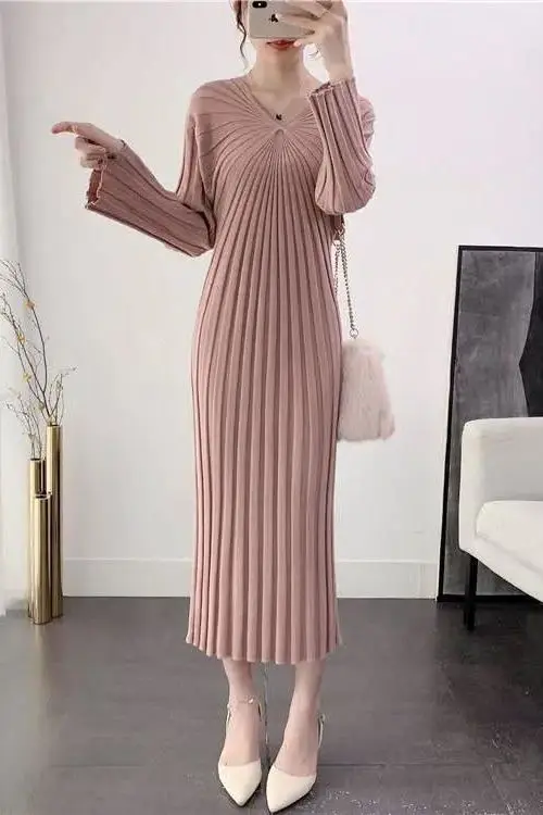 

Women Sexy Knitted Dress V-neck Cotton Maxi Long Dresses Autumn Winter Full Sleeve Stretch Basic Bodycon Solid Sweater CQ216