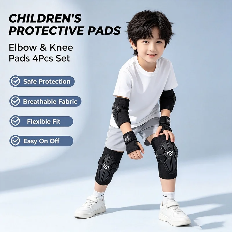 Kids 4‑Pcs Knee Elbow Protective Gear Summer Breathable Anti‑Impact Pads for Urban Daily Motorcycle Riding  Skateboard Items