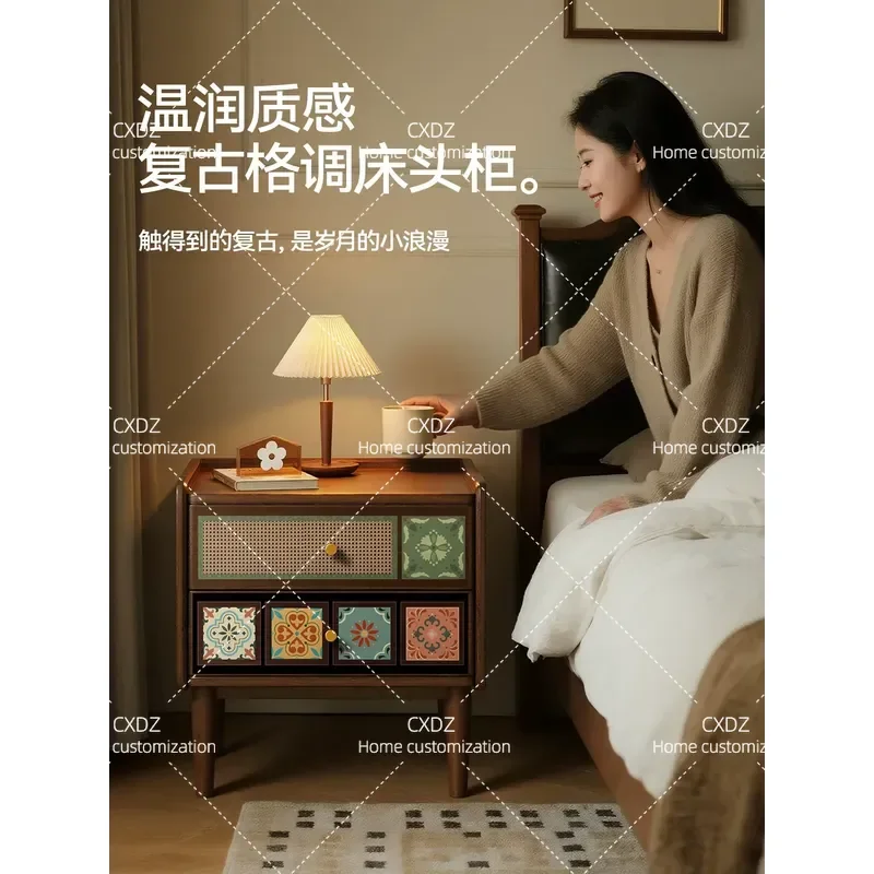 Walnut Solid Wood Bedside Table Retro Style Nightstand Bedroom Storage Cabinet with Drawer Modern Home Furniture