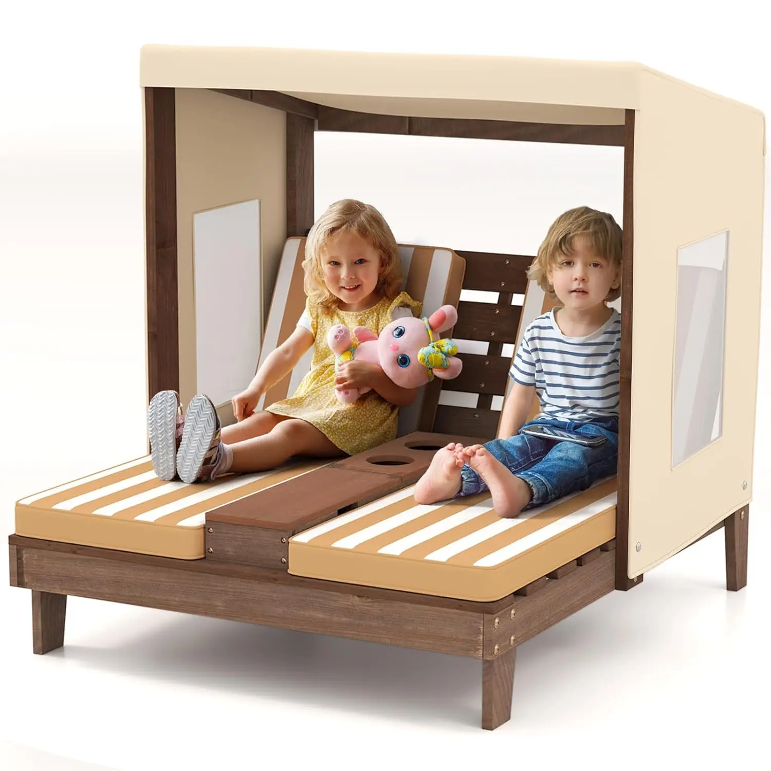 Sillón Chaise Longue para Niños, Sillas Dobles de Madera para Piscina con Toldo, Portavasos, Desmontables, Personalizables