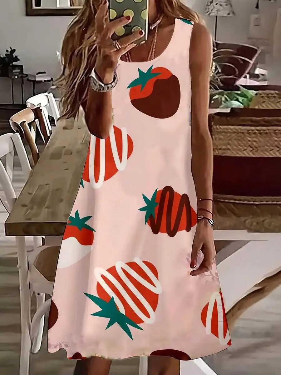 

Women Sleeveless Strawberry Print Summer Casual Dress For Beach Vacation