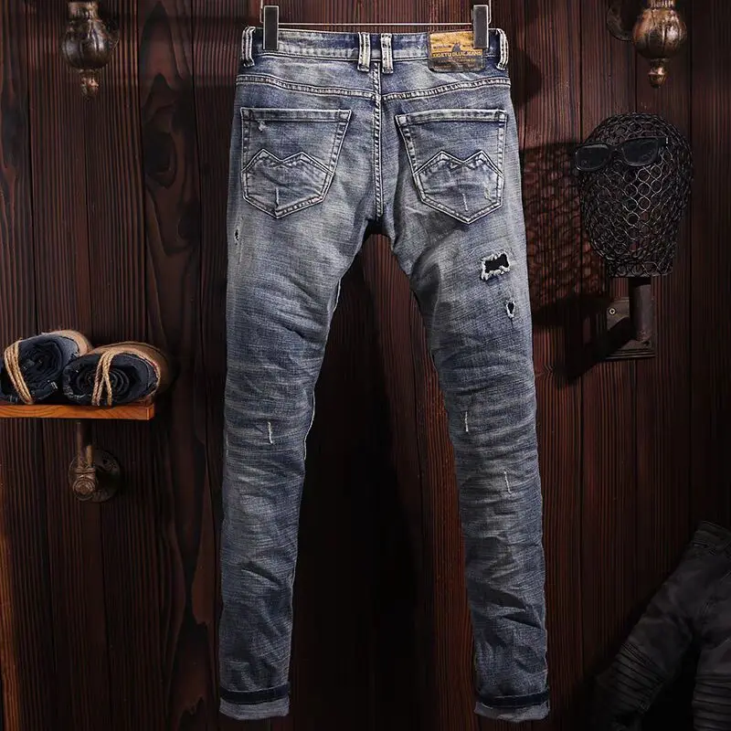 Street Fashion Men Jeans Retro Washed Blue Stretch Slim Fit Ripped Jeans Men High Quality Patched Designer Vintage Denim Pants