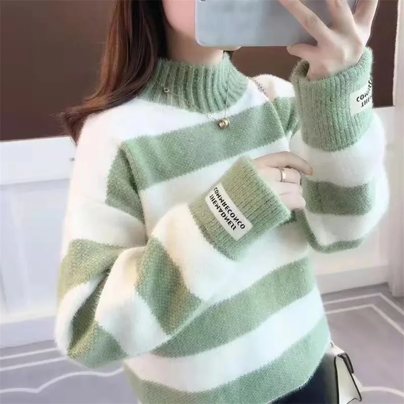 Women Pullover Imitation Mink Knit Korean Lady Half High Collar Long Sleeved Knitwear Autumn Winter Female Large Size 4XLSweater