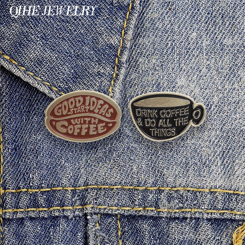 Good Ideas Start With Coffee Coffee Bean Enamel Pin Retro Relief Coffee Cup & Coffee Bean Brooch Bag Clothes Badge Jewelry Gifts
