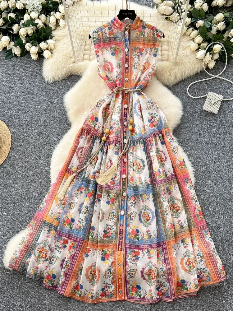 Summer France Elegant Vintage Evening Dress Women Print Pleated Sashes Button Long Party Dress Female Casual Holiday Clothing