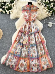 Summer France Elegant Vintage Evening Dress Women Print Pleated Sashes Button Long Party Dress Female Casual Holiday Clothing