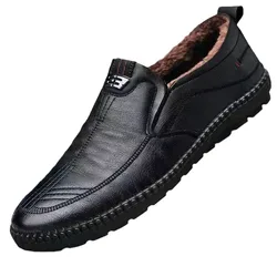 Winter men waterproof anti slip plush warm casual shoes middle-aged elderly people comfort black leather cotton shoes moccasin