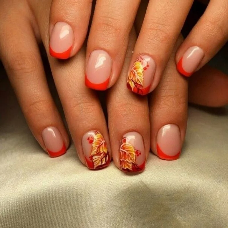 

24Pcs Short Square Head Fake Nail with French Maple Leaf Design Press on Nails Tips Datachable Artificial Full Cover False Nails