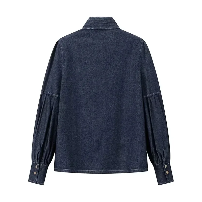 Damska koszula jeansowa z długim rękawem, stójką, paskiem i kokardą w stylu francuskim, idealna do dojazdów do pracy, nowość na jesień 2025.