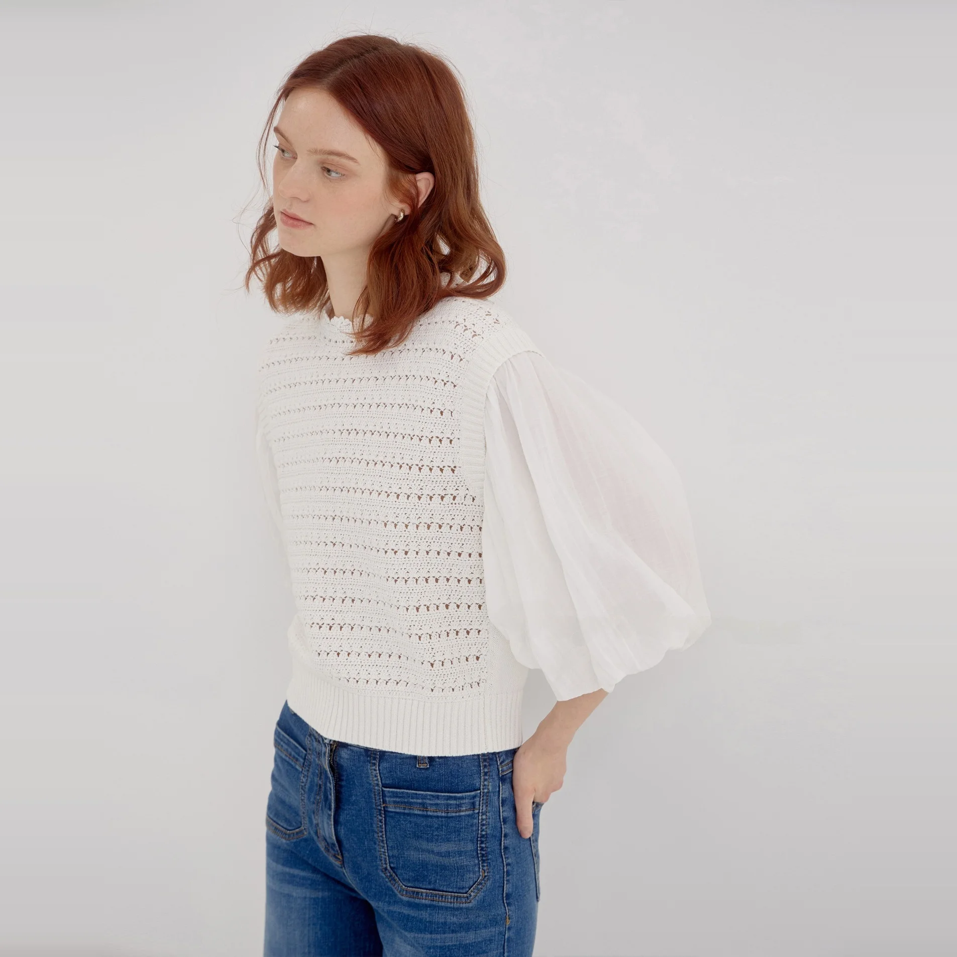 Efekt wyszczuplający, dzianina z czystej bawełny, ażurowe wycięcia, elastyczne łączenia, koreański styl, długi rękaw, okrągły dekolt, styl dojazdowy, elegancki.