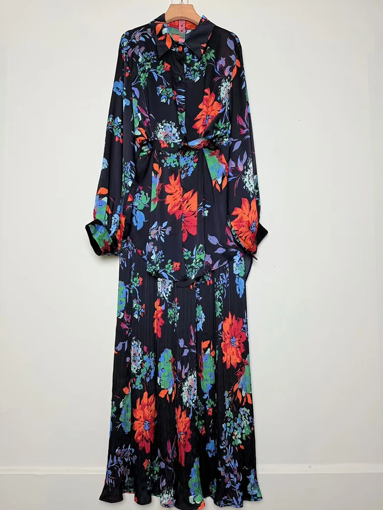 

2025 Autumn Women's Retro Geometric Printed Twisted Waist Loose Shirt Two Piece Set+High Waist Flaw Wide Leg Pants Fashion Set