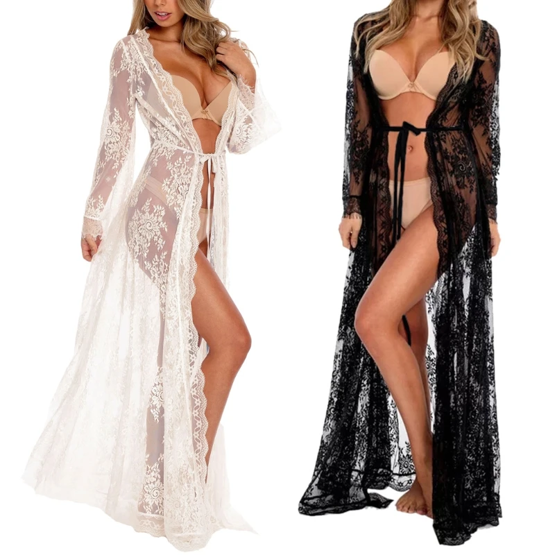 Dropship Women Summer See-Through Floral Lace Maxi Beach Dress Scalloped Trim Open Front Kimono Cardigan  Swimsuit Cover