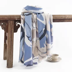 Fashion Blue Splicing Color Luxury Scarf for Women Retro Trend Winter Imitation Cashmere Warm Scarves Shawl Clothing Accessories