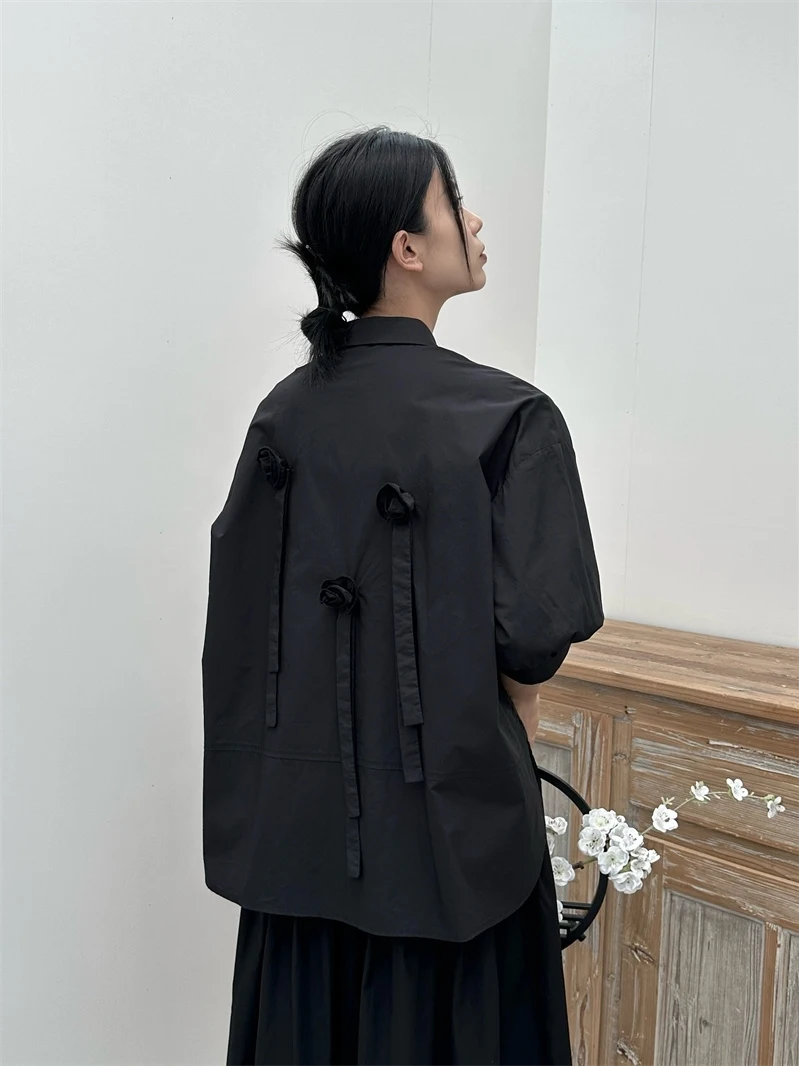 

Loose Women's Cotton Shirt Summer Floral Design Breathable Short Sleeve Korean Style Black Cotton Blouse Comfortable Collar