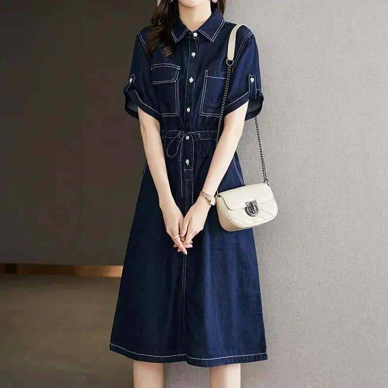 Female Clothing Korean Denim Dresses A-Line Waist Summer New Fashion Drawstring Basic Turn-down Collar Button Vintage Midi Dress