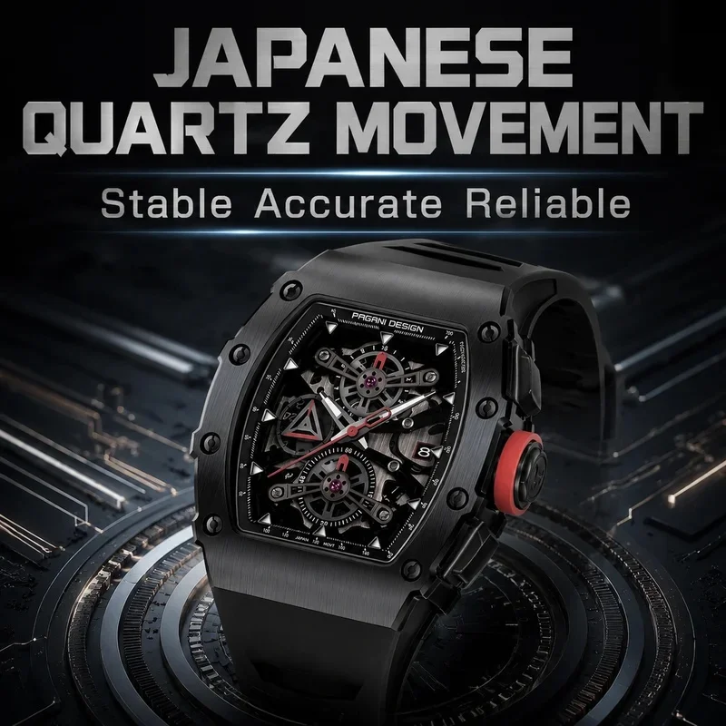 PAGANI DESIGN PD-YS011 Men Multi-Functional Sports Watch, Wine Barrel Hollow Dial, Japan EPSON YM92, Sapphire Crystal, Stainless