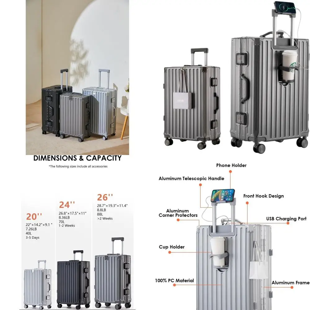 Aluminum-Framed Business Suitcase with Cup Holder & USB, 24-Inch Grey Checked Hard Shell Luggage
