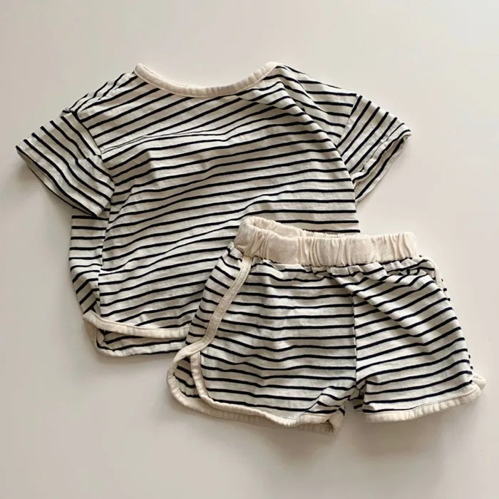 

2021Summer Striped Leisure Short Sleeves Suit Net Loose T-shirt Shorts Two-Piece Set