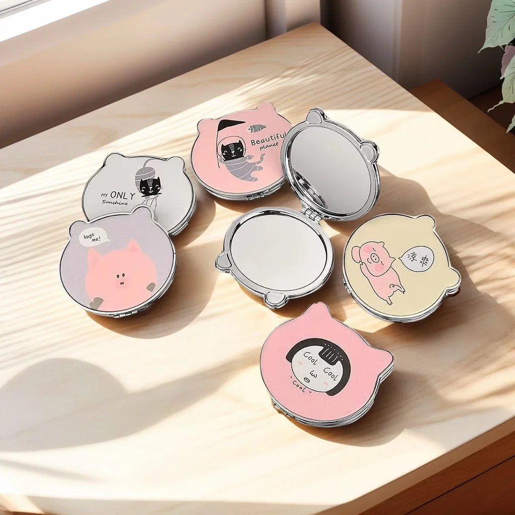 Portable Cat Plant Print Makeup Mirror PU Leather Small Round Circle Two-Sided Folding Girls Mirror