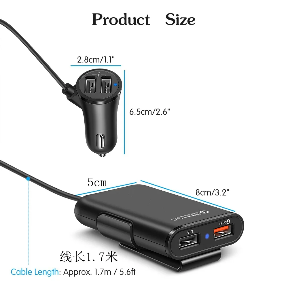 36W Quick Charge 3.0 ładowarka samochodowa USB przedłużacz kabla ładowarka samochodowa Usb tylna ładowarka samochodowa