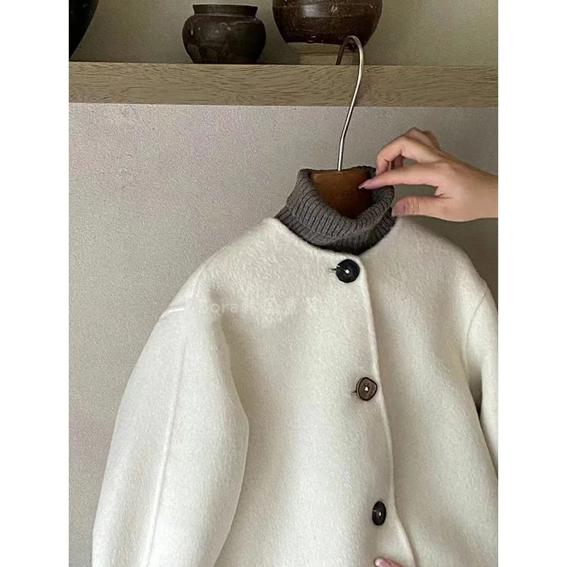 Wool Korea Boys Girls Coat Autumn Spring New Tops Childrens Clothing Outerwear Round Collar 2024 Button Soild Fashion