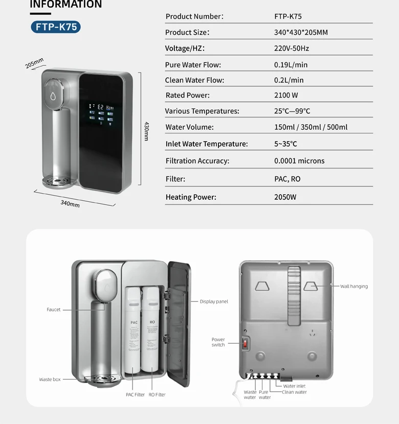 Wall Mounted 3 Stages Hot Warm Water Purifier Water Dispenser Price Automatic Water Dispenser