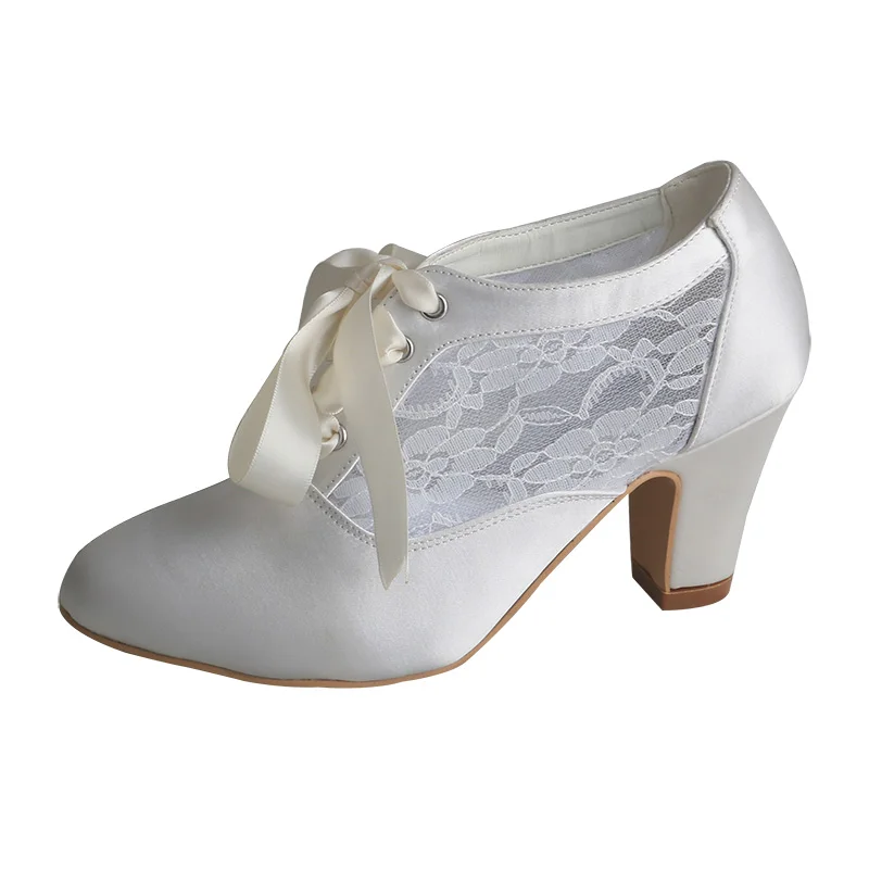 

Customized Block Heels Bridal Shoes Boots Ivory Satin and Lace Ribbon Tie Wedding Boots for Dancing 7CM