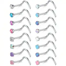 16Pcs 20G Nose Screw Studs Surgical Steel Nose Rings Piercing 2mm CZ Inlaid Opal Nostril Nose Piercing Jewelry