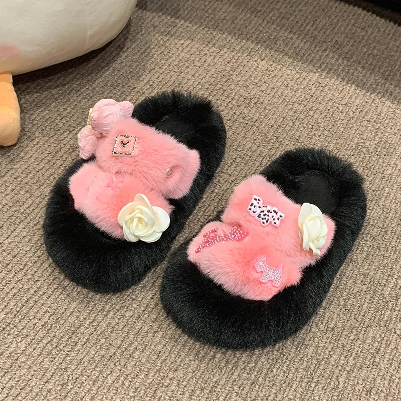 Khaki/pink Girls Slippers with Pearl Decals Flat Bottome Warm Non Slip Soft Sole Winter Indoor Suede One-piece Slippers De Mujer