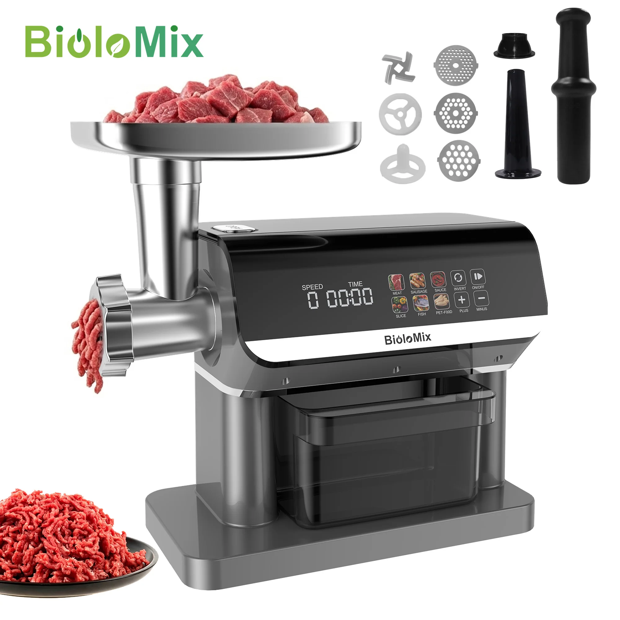 BioloMix 1600W 6-in-1 Meat Grinder – Touch Screen Presets, Auto-Reverse, Perfect for Grinding, Sausage and Kibbe Making