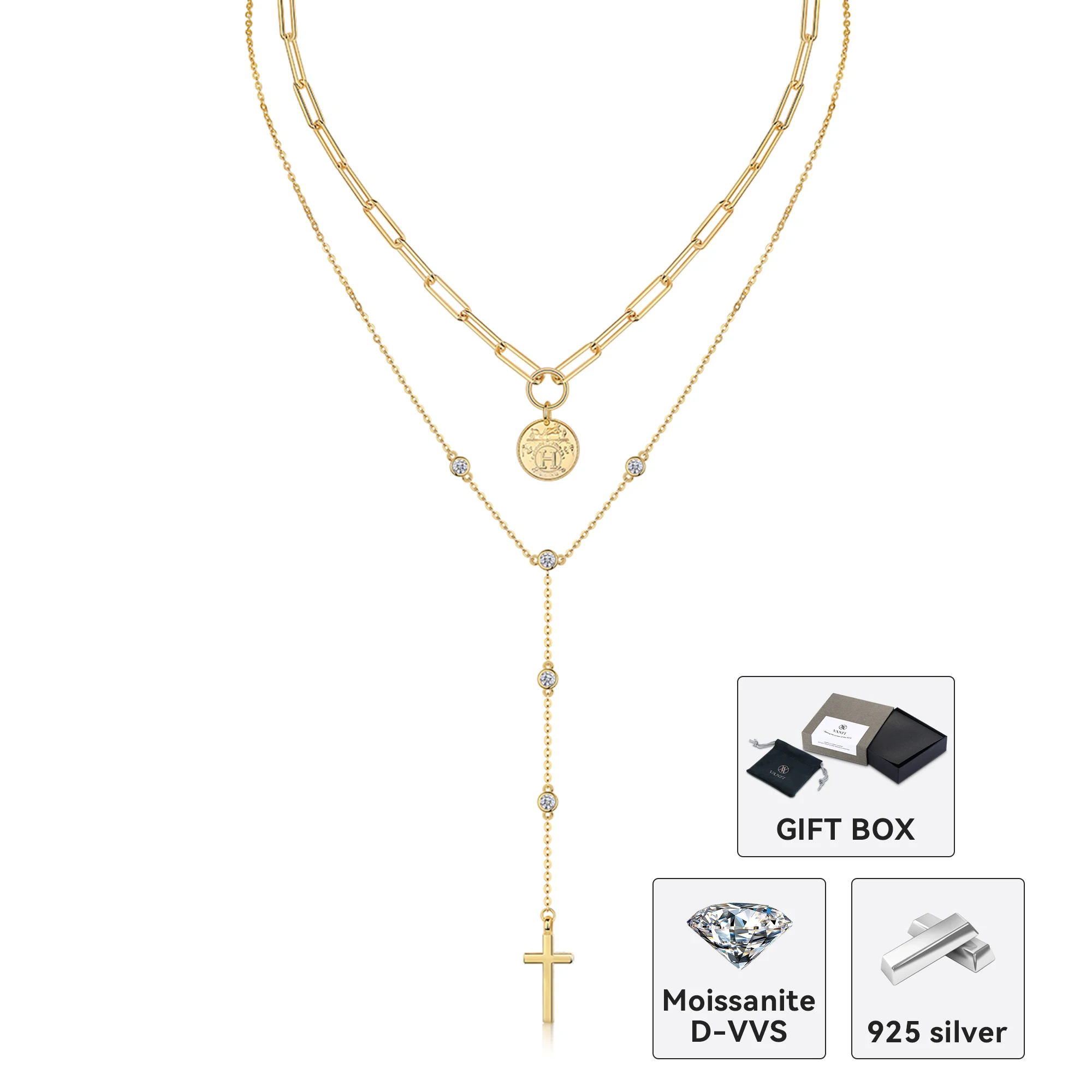 

Kfvanfi 925 sterling silver moissanite cross coin women's stacking necklace 18K gold plated party pendant clavicle chain jewelry