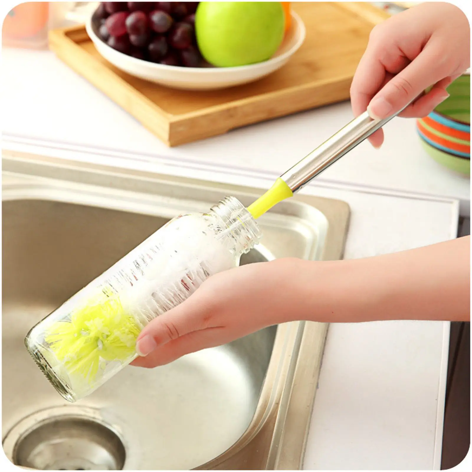 Curved Round Head Stainless Steel Handle Bottle Cleaning Brush 360 Degree Cleaning Cup Brush