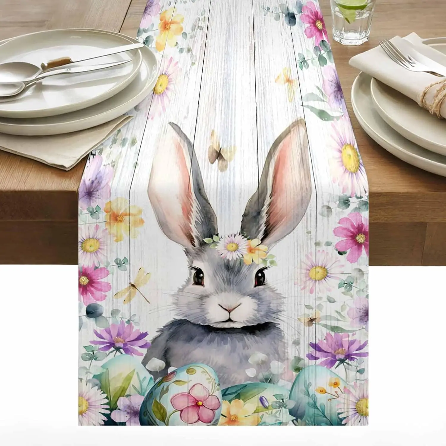 

Скатерть-дорожка на стол с пасхальным кроликом и цветочным узором, льняная, для праздничного декора, весенняя, с акварельными цветами и текстурой дерева, для обеденного стола, пасхальное украшение