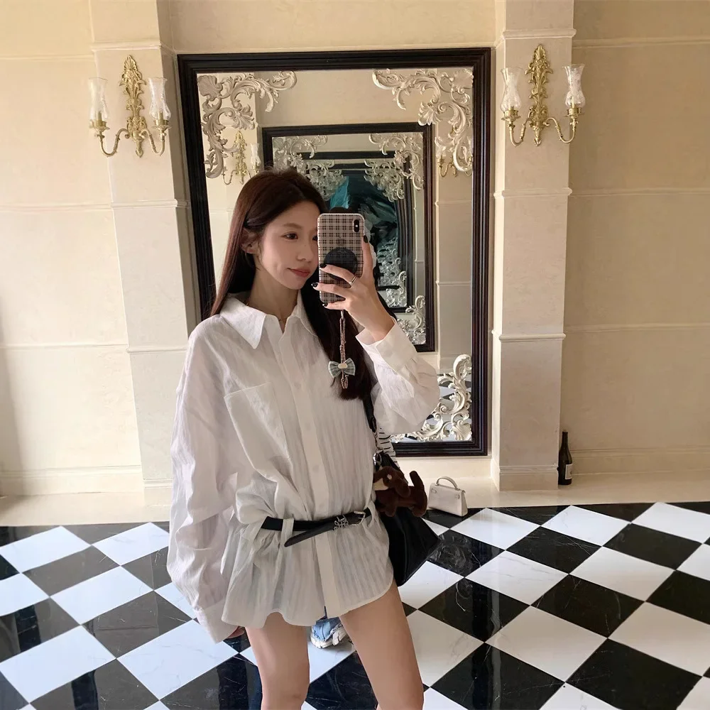 Real Shot ~ 2025 neue Frühjahr lose lässige Langarm-Shirt Damen mittlere und lange Hemdjacke + Gürtel