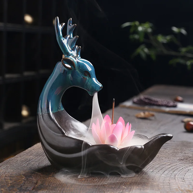 Cute Deer Lucky Mascot Desktop Decoration, Ceramic Flower Incense Sticks Holder, Cone Burner, Indoor Aromatherapy