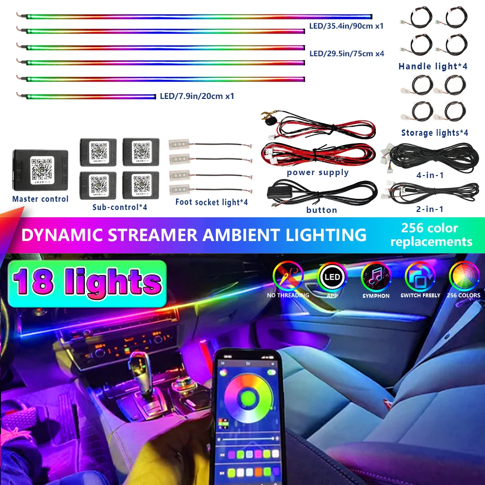 Full 64 Color Streamer Car Ambient Lights RGB Color Universal LED Interior Hidden Ergonomic Strip Symphony Atmosphere Lamp
