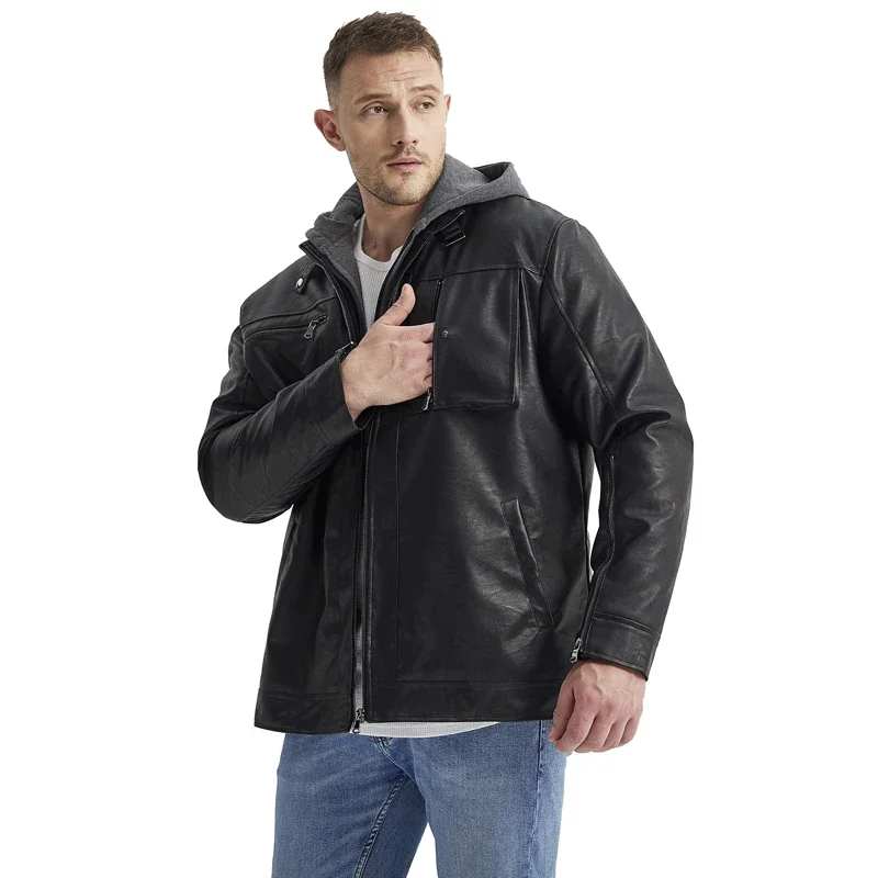 

Winter men's jacket Long zipper cuffs detachable hooded jacket Fashion casual large multi pocket PU motorcycle leather jacket