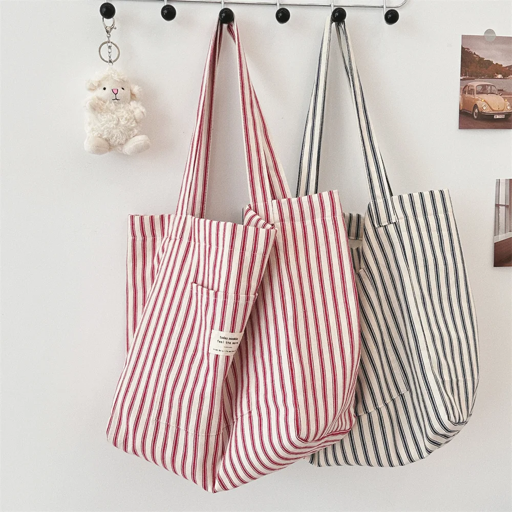 Vintage Gestreifte Damen Umhängetaschen Große Kapazität Weibliche Wiederverwendbare Einkaufstasche Leinwand Schule Mädchen Buch Tote Handtaschen – Detail 2