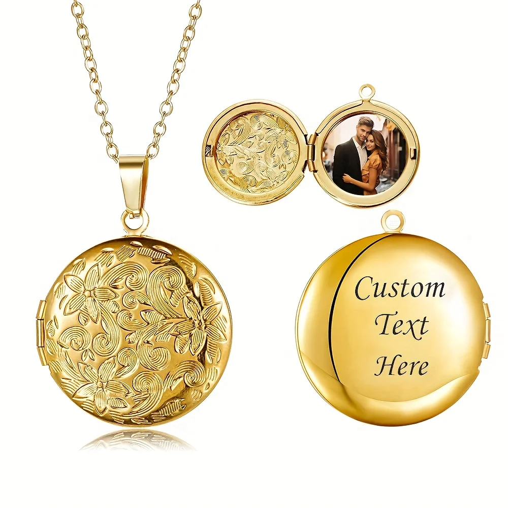 Custom Round Relief Pattern Picture Text Necklace, Delicate Memorial Jewelry Accessory, Unique Gifts for Festival and Daily Wear