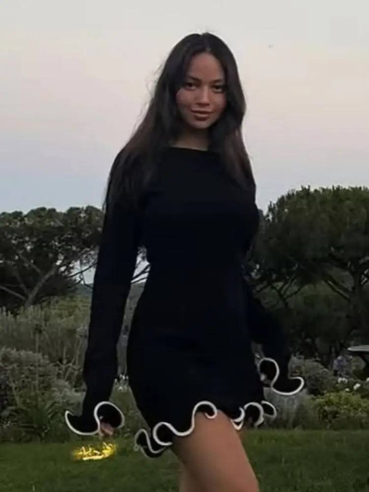 ผู้หญิงสีทึบ Ruffles Hem ชุดมินิ Elegant O คอยาวแขนยาว SLIM FIT ชุดฤดูร้อนวันหยุด Holiday PARTY DRESS