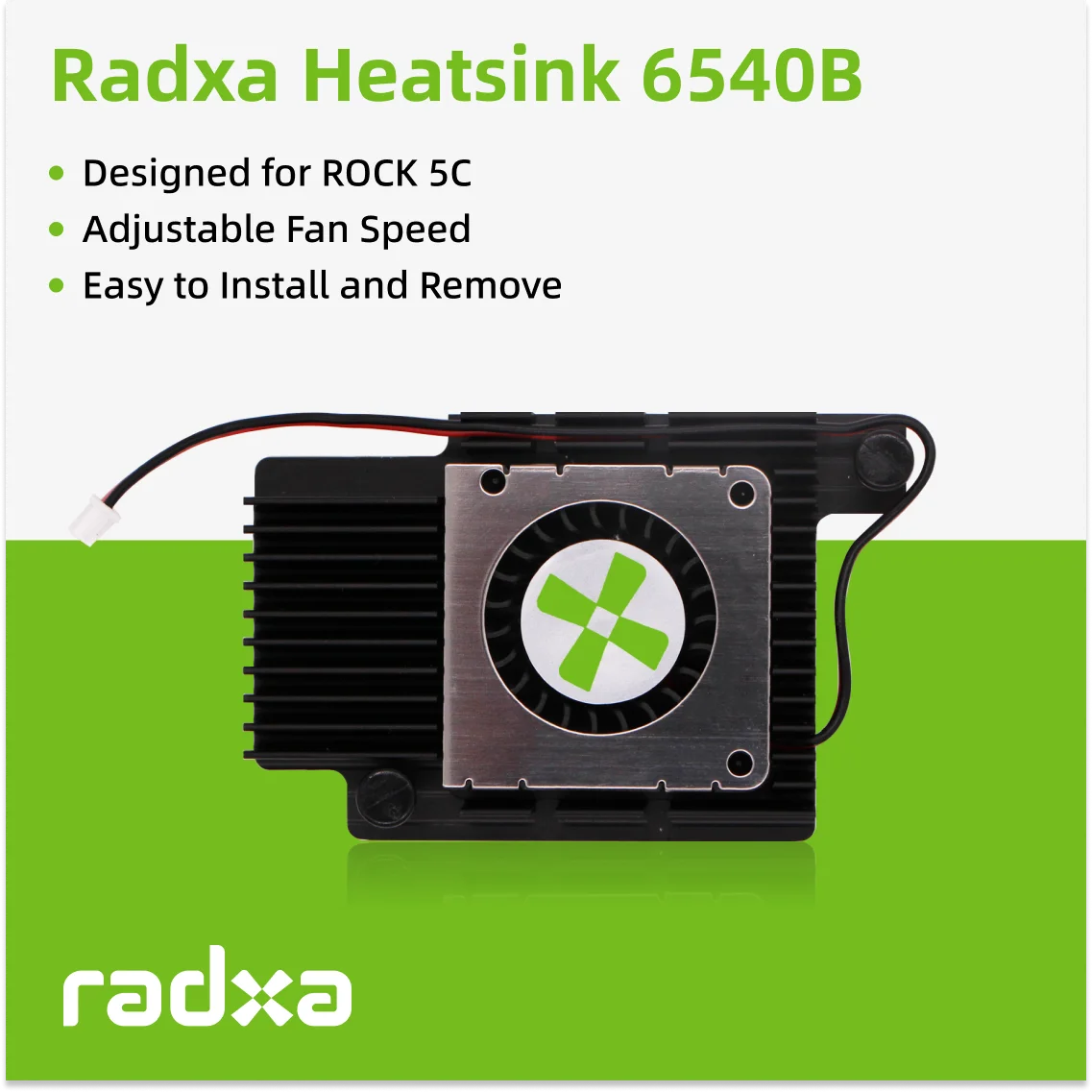 Radxa Heatsink 6540B, dirancang untuk ROCK 5C, kecepatan kipas yang dapat disesuaikan, mudah dipasang dan dilepaskan.