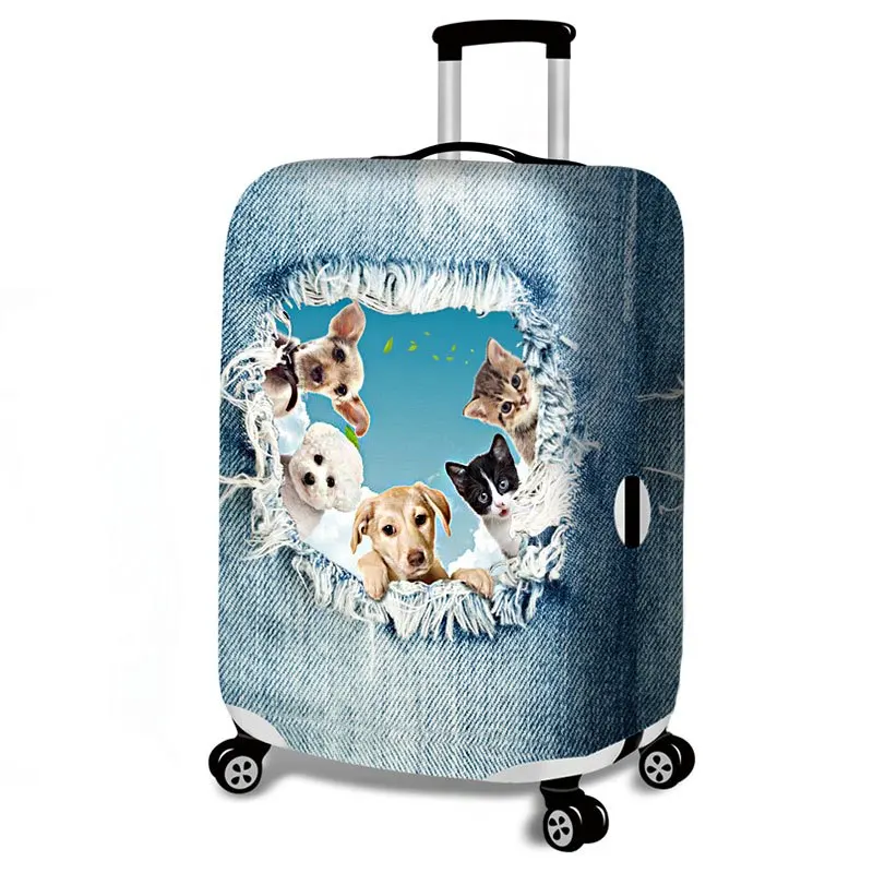 1 Pcs Thick Elastic Luggage Cover 3D Denim Animals Protector Fit 18-32 Suitcase Cute Cat Dog Styles Soft Travel Accessories