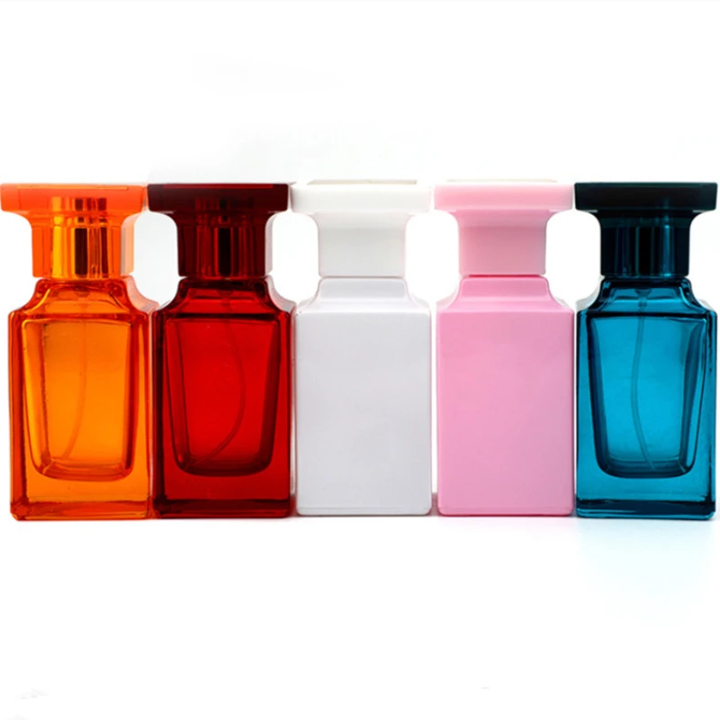 1Pcs 50ml Full Spray Coloured Glass Perfume Spray Bottle Square Atomiser Portable Toner Dispenser Refillable Perfume Bottle