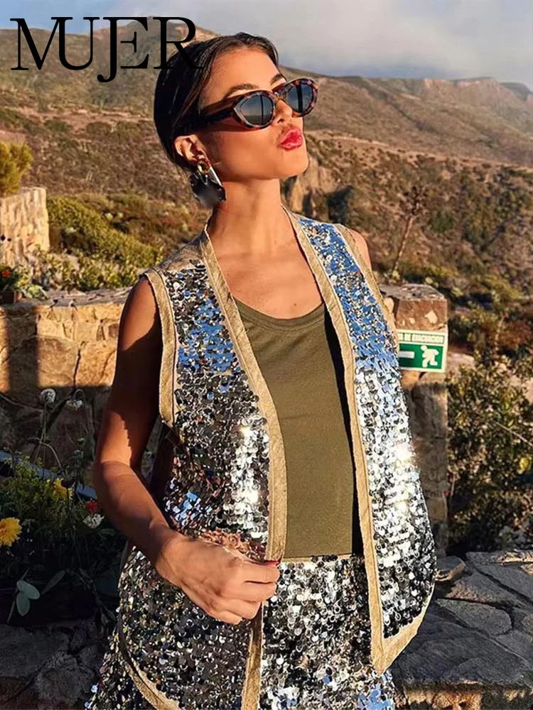 MUJER Sequin Sleeveless Vests for Women Glitter Open Vest Woman Autumn Waistcoat Vest Top Women Luxury Women's Tailored Vest